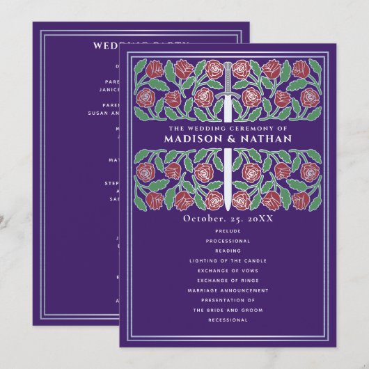Programme Épée florale argentée médiévale violette pour mari (Devant / Derrière)