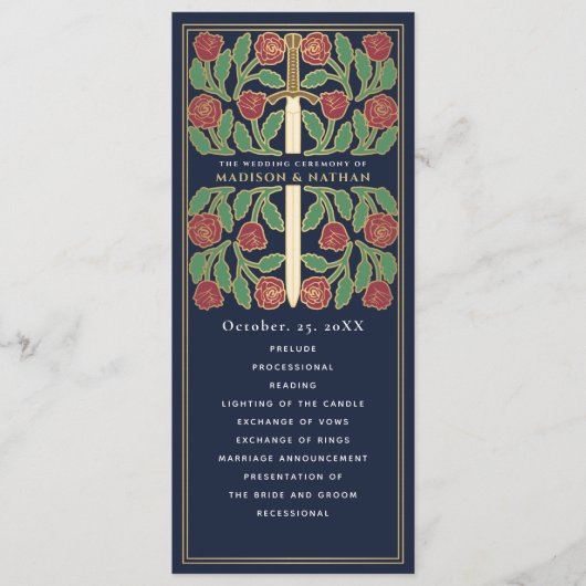 Programme Épée florale médiévale dorée bleue Mariage royal (Devant)