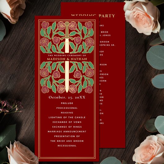 Programme Épée florale médiévale dorée écarlate Mariage roya