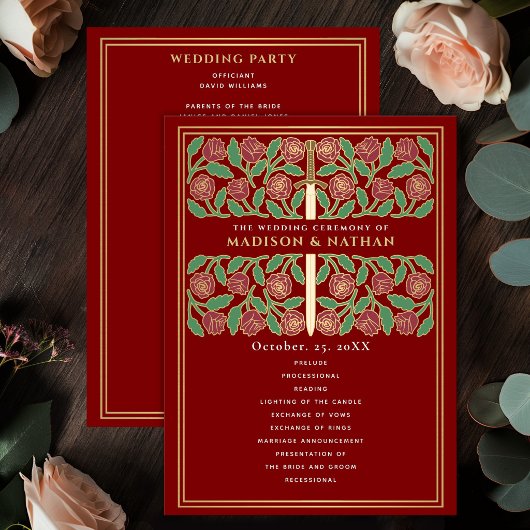 Programme Épée florale médiévale dorée écarlate Mariage roya