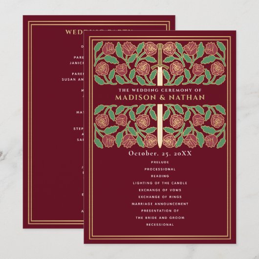 Programme Épée florale médiévale dorée rouge mariage royal (Devant / Derrière)