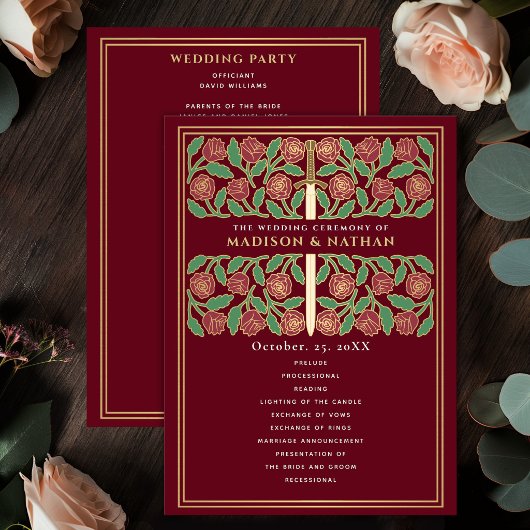 Programme Épée florale médiévale dorée rouge mariage royal