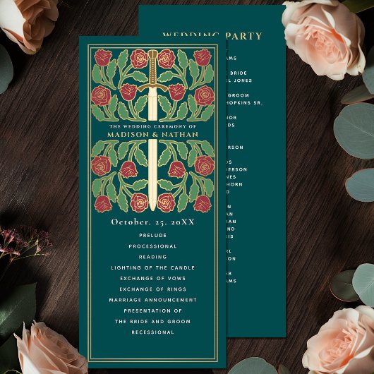 Programme Épée florale médiévale dorée sarcelle Mariage roya