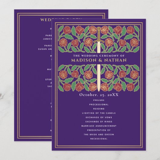 Programme Épée florale médiévale dorée violette Mariage roya (Devant / Derrière)