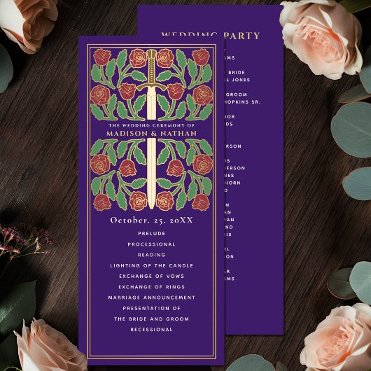 Programme Épée florale médiévale dorée violette Mariage roya