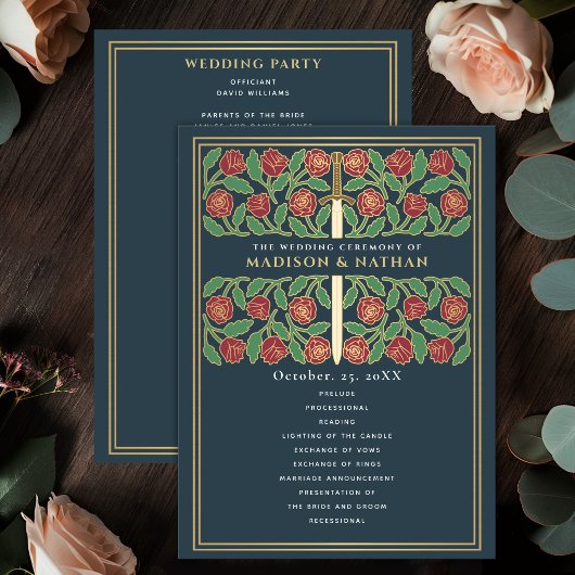 Programme Épée florale médiévale grise et or Mariage royal
