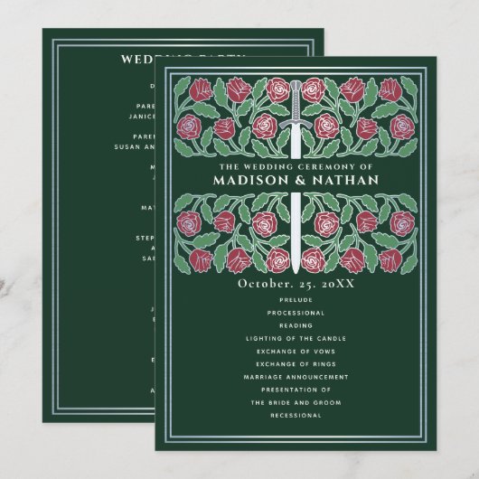 Programme Épée florale médiévale verte argentée Mariage roya (Devant / Derrière)