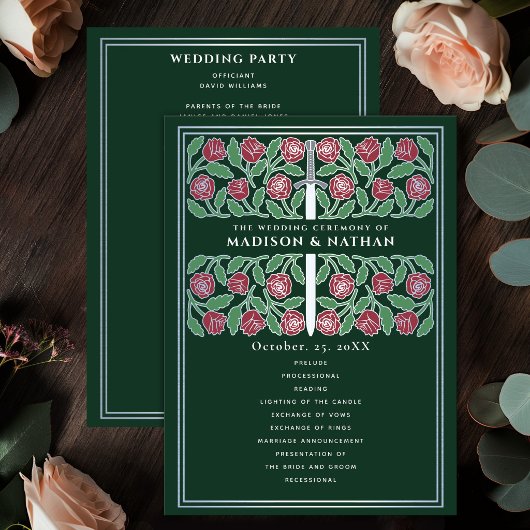 Programme Épée florale médiévale verte argentée Mariage roya