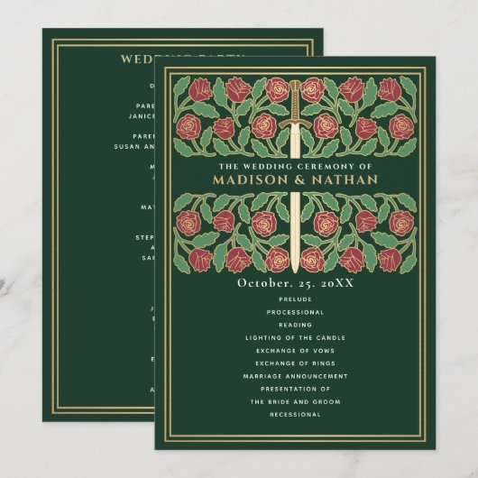 Programme Épée florale médiévale verte mariage royal doré (Devant / Derrière)