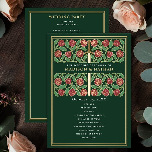 Programme Épée florale médiévale verte mariage royal doré