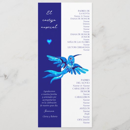 Programme Espagnol, Boho Blue Hummingbirds Mariage mexicain (Dos)