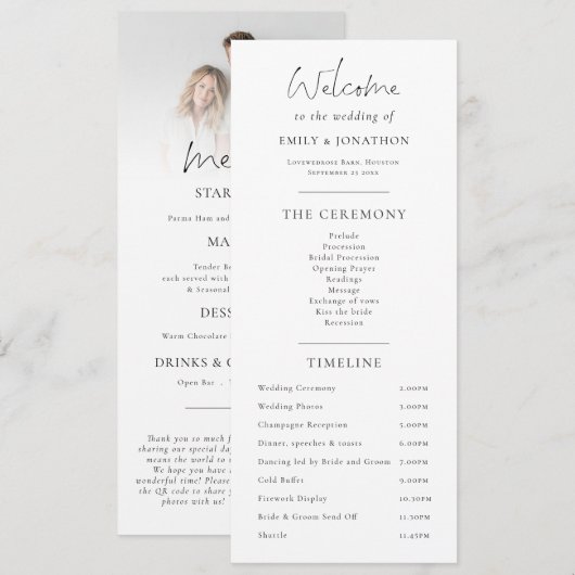 Programme et Menu combinés avec photo de mariage (Devant / Derrière)