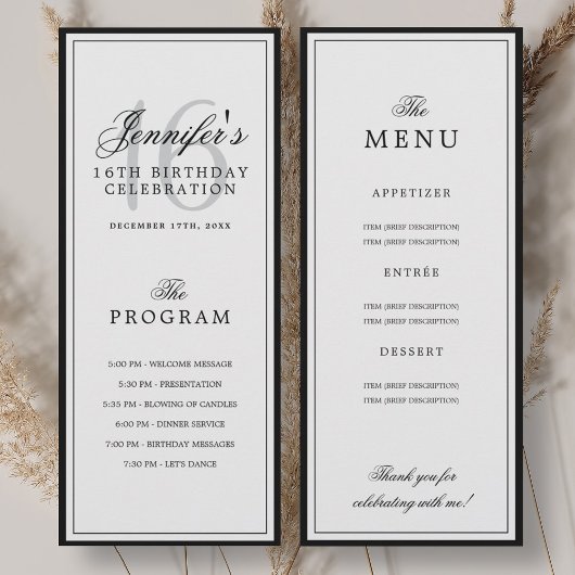 Programme et menu de fête d'anniversaire élégant p