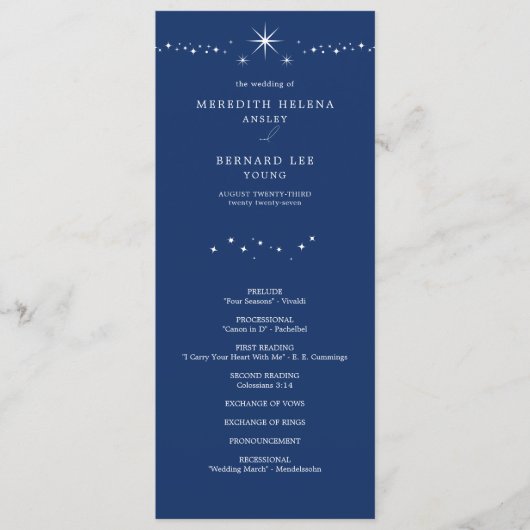 Programme Étoiles Élégantes Célestes Bleu Nuit Mariage Plat (Devant)
