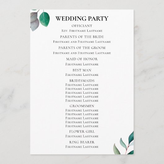 Programme Eucalyptus Garden Botanical Wedding Ceremony (Dos)