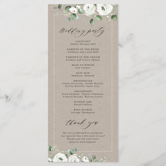 Programme Eucalyptus Verdure blanc floral rustique mariage (Dos)