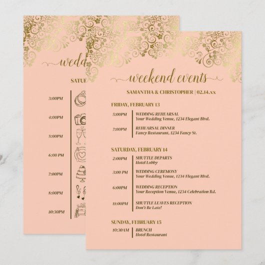 Programme Événements & calendrier de mariage corail pêche & (Devant / Derrière)