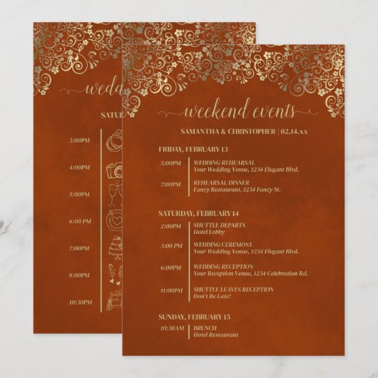 Programme Événements & Calendrier de Mariage Luxueux Orange (Devant / Derrière)