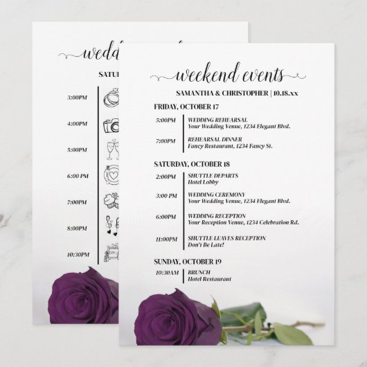 Programme Événements & Calendrier de Mariage Rose Pourpre Él (Devant / Derrière)