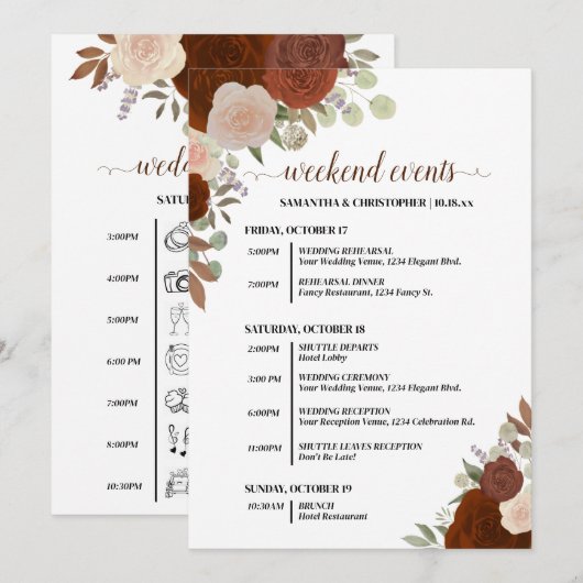 Programme Événements & Calendrier de Mariage Roses d'Automne (Devant / Derrière)