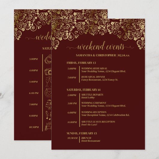 Programme Événements de mariage Auburn Brown & Gold et calen (Devant / Derrière)