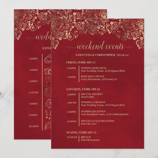 Programme Événements de mariage élégants rouges et or & cale (Devant / Derrière)