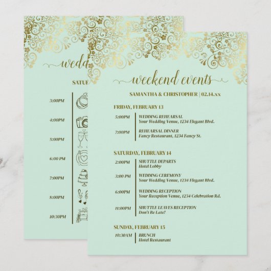 Programme Événements de mariage et calendrier ornés de vert (Devant / Derrière)