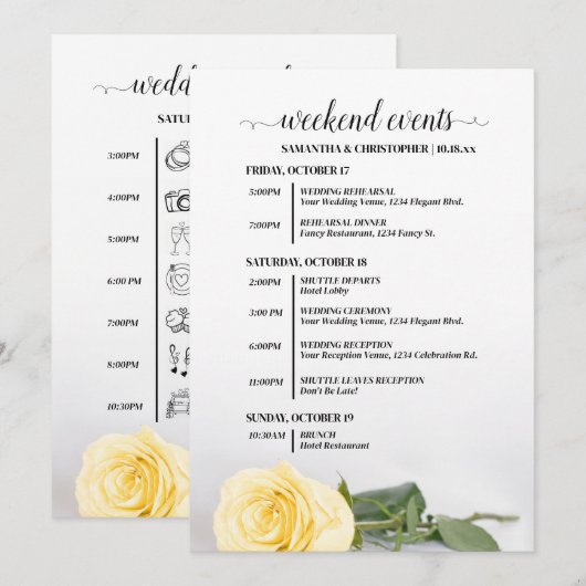 Programme Événements de mariage et calendrier Rose jaune élé (Devant / Derrière)