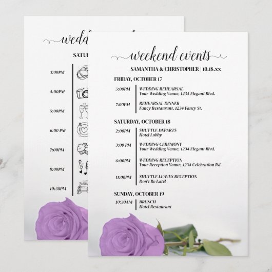 Programme Événements de mariage fantaisie rose lilas violet (Devant / Derrière)