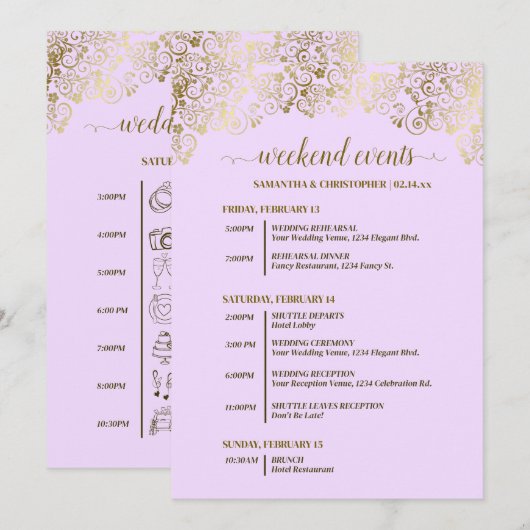 Programme Événements de mariage lilas et or ornés & calendri (Devant / Derrière)