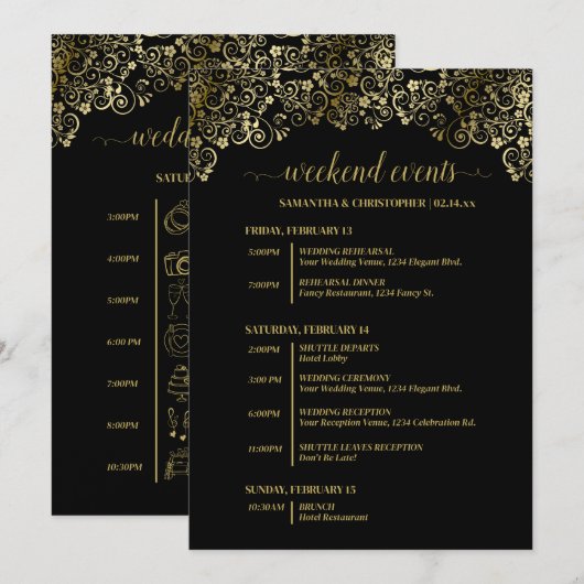 Programme Événements de mariage noir et or ornés et calendri (Devant / Derrière)