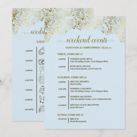 Programme Événements de mariage ornés bleu pâle et or & cale (Devant / Derrière)