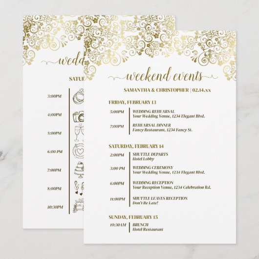Programme Événements de mariage ornés d'or et de blanc & Cal (Devant / Derrière)