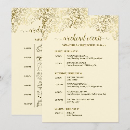 Programme Événements de mariage ornés d'or et de crème et ca (Devant / Derrière)
