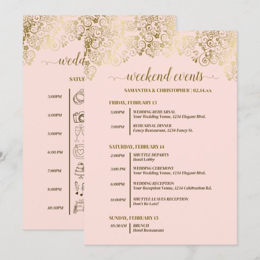 Programme Événements de mariage rose poudré et or & calendri (Devant / Derrière)