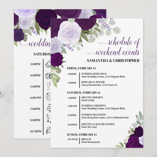 Programme Événements et calendrier de mariage avec des roses (Devant / Derrière)