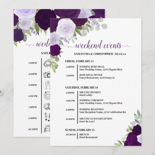 Programme Événements et calendrier de mariage Roses Boho vio (Devant / Derrière)