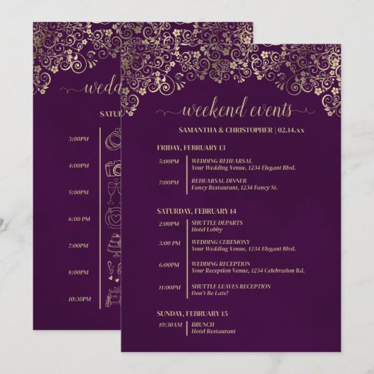 Programme Événements & Timeline de Mariage Élégant Prune & O (Devant / Derrière)