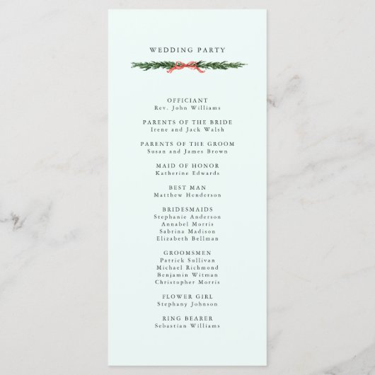 Programme Evergreen Pine Wreath Wedding Mint Green Ceremony (Dos)