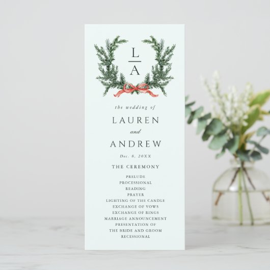 Programme Evergreen Pine Wreath Wedding Mint Green Ceremony  (Debout devant)