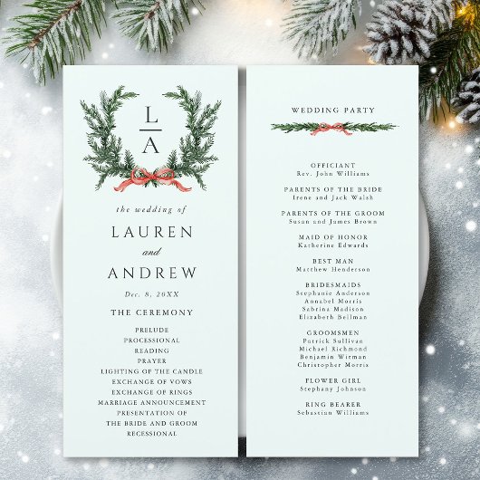 Programme Evergreen Pine Wreath Wedding Mint Green Ceremony