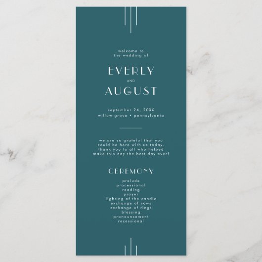 Programme EVERLY Simple Retro Art Deco Peacock Teal Wedding (Devant)