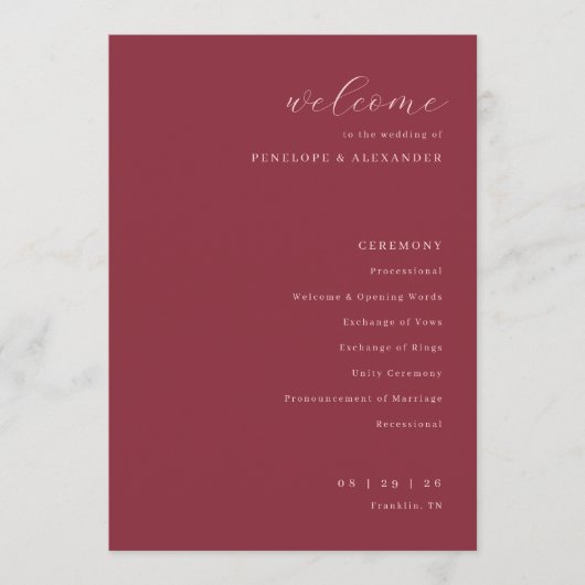 Programme Exquisite Maroon Calligraphy Wedding Ceremony (Devant)