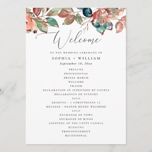 Programme Fall Botanical Wedding | Watercolor Berry Leaves (Devant)