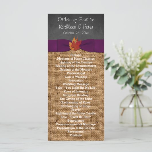 Programme Fall Leaves FAUX Burlap Chalkboard Wedding Program (Debout devant)