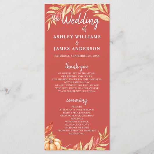 Programme Fall Love Golden Foliage Chaud Red Wedding Program (Devant)
