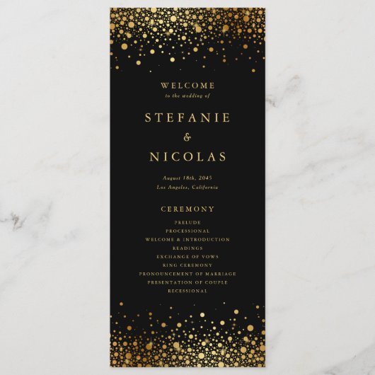 Programme Faux confettis en feuille d'or noir pour mariage (Devant)