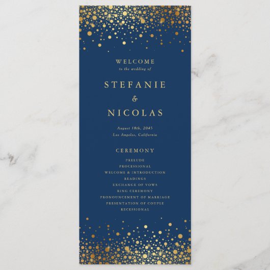 Programme Faux Gold Foil Confetti Dots Mariage bleu marine (Devant)