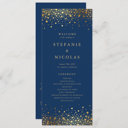 Programme Faux Gold Foil Confetti Dots Mariage bleu marine (Devant / Derrière)