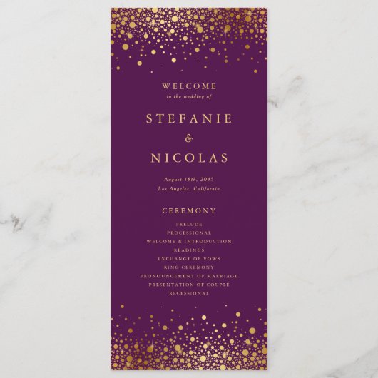 Programme Faux Gold Foil Confetti Dots Purple Mariage (Devant)